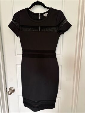 Black Short Sleeve Sheath Dress with Mesh Insets